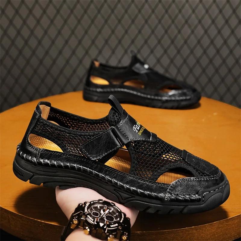 Fashion Hot Sale Summer Men's Shoes Outdoor Sandals Non-slip Men Beach Flats Handmade Leather Man Mesh Shoes Fashion Wading Aqua Shoes