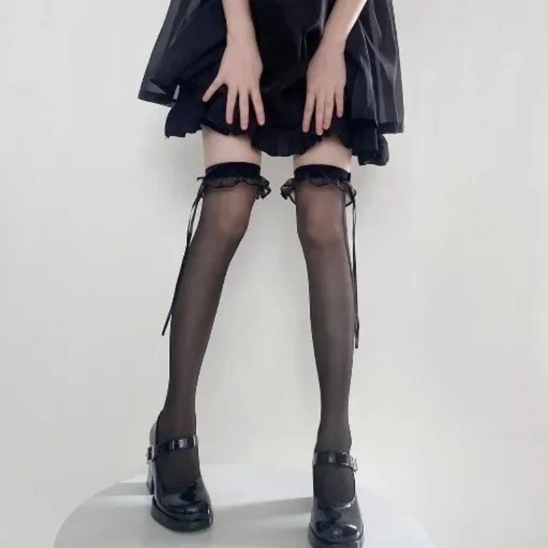 Bowknot Long Socks Bullet Style Retro High Knee Sock Sweet Girls Summer Thin Transparent Lolita Retro Calf Sockings