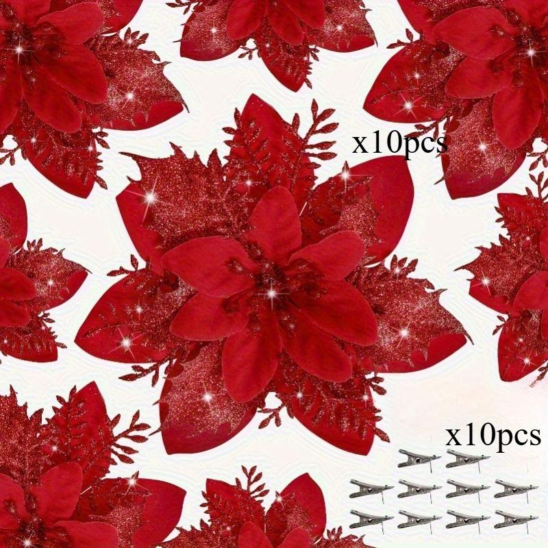 

20 шт./набор Блестящие украшения для рождественской елки:Искусственные праздничные цветы пуансеттии с клипсами, украшения бугенвиллеи для Рождества