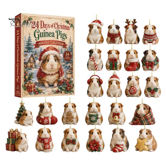 Weihnachts-Countdown-Kalender Meerschweinchen Adventskalender, 24-Tage Acryl 2D Schmuckset mit 24 Tages-Überraschungs-Outfits, Baumhänge-Dekoration, Geschenk für Haustier Sets beige