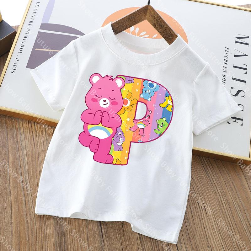 Care Bears Letter AZ T Shirt for Boys Girls Cartoon Name Clothes Tops Summer Breathable Cute Anime Short Sleeve Birthday Gifts