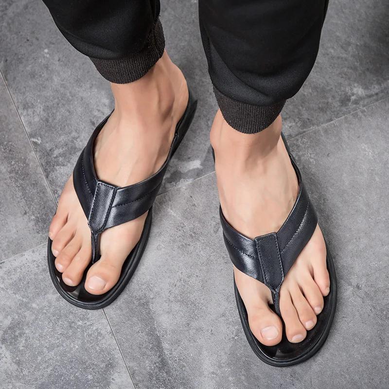 Fashion Men Genuine Leather Slippers Summer New Arrival Man Flip Flops Fashion Pinch Feet High Quality Male Beach Shoes Outdoor Footwear