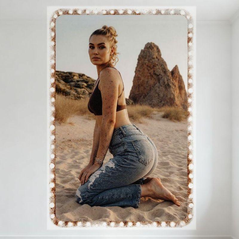 

Sexy Light Skin Freckled Woman Dark Brown Bralette Light Blue Ripped Jeans Tin Sign Vintage Metal Wall Decor for Home Bar Pub Ca 20x30cm（7.8x11.8inch）