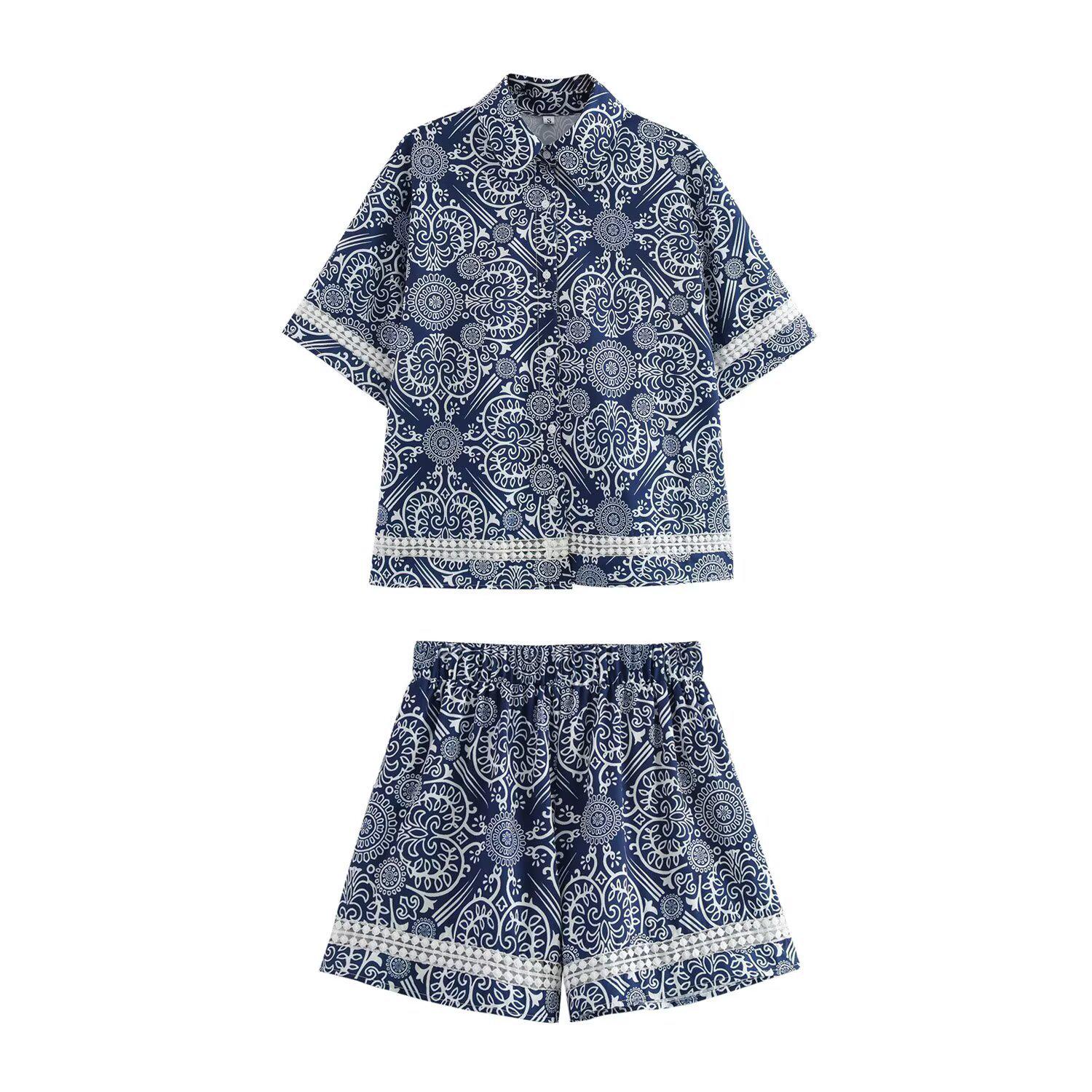 

Комплект женский весенний 2025 года: рубашка и шорты с этническим принтом - европейская и американская мода Medium