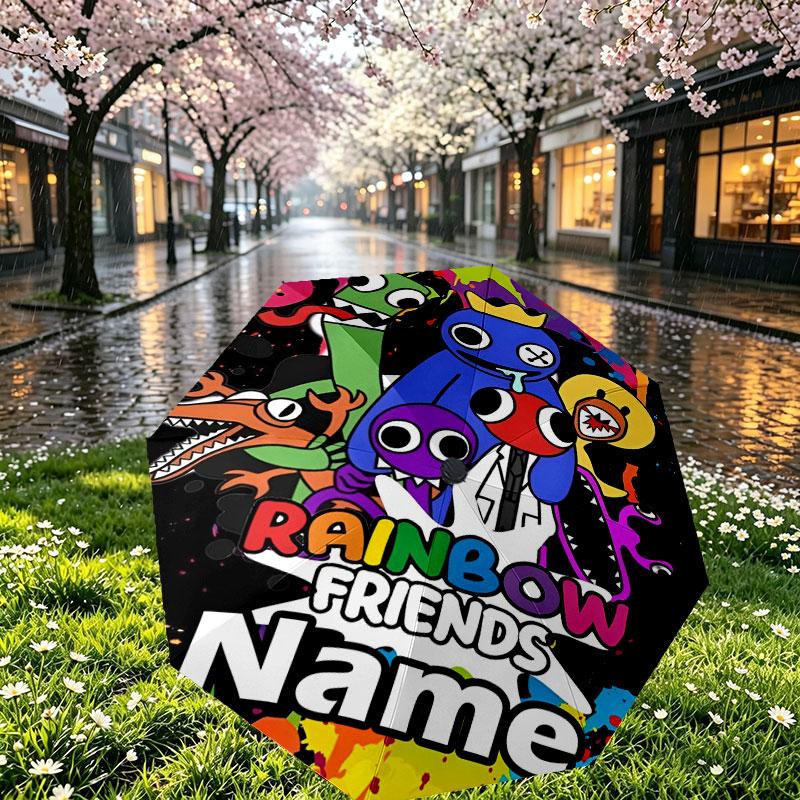 Custom Name Personalized Game Rainbow Friends Print Umbrella, Auto Open Close, 8‑Rib Sturdy Frame, Commute Camping Hiking Use, Birthday Gift