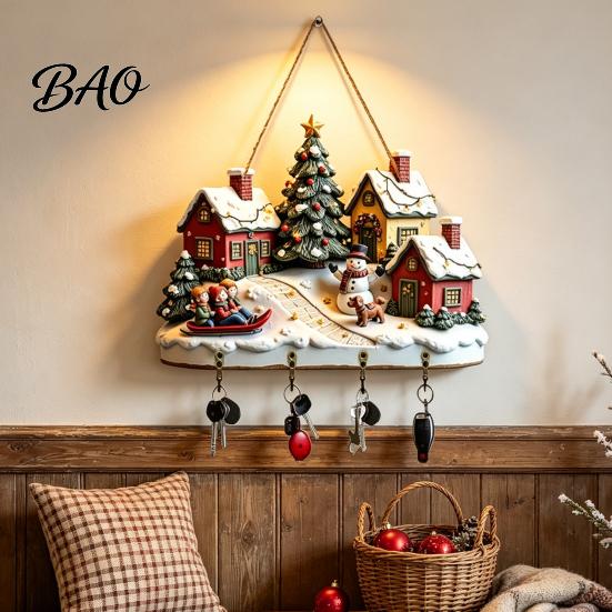 Christmas Gift for Home Winter Village Wooden Wall Hanging, Snow House Snowman Plaque, 4 Hook Lightweight Ornament Mount Key Holder, Holiday