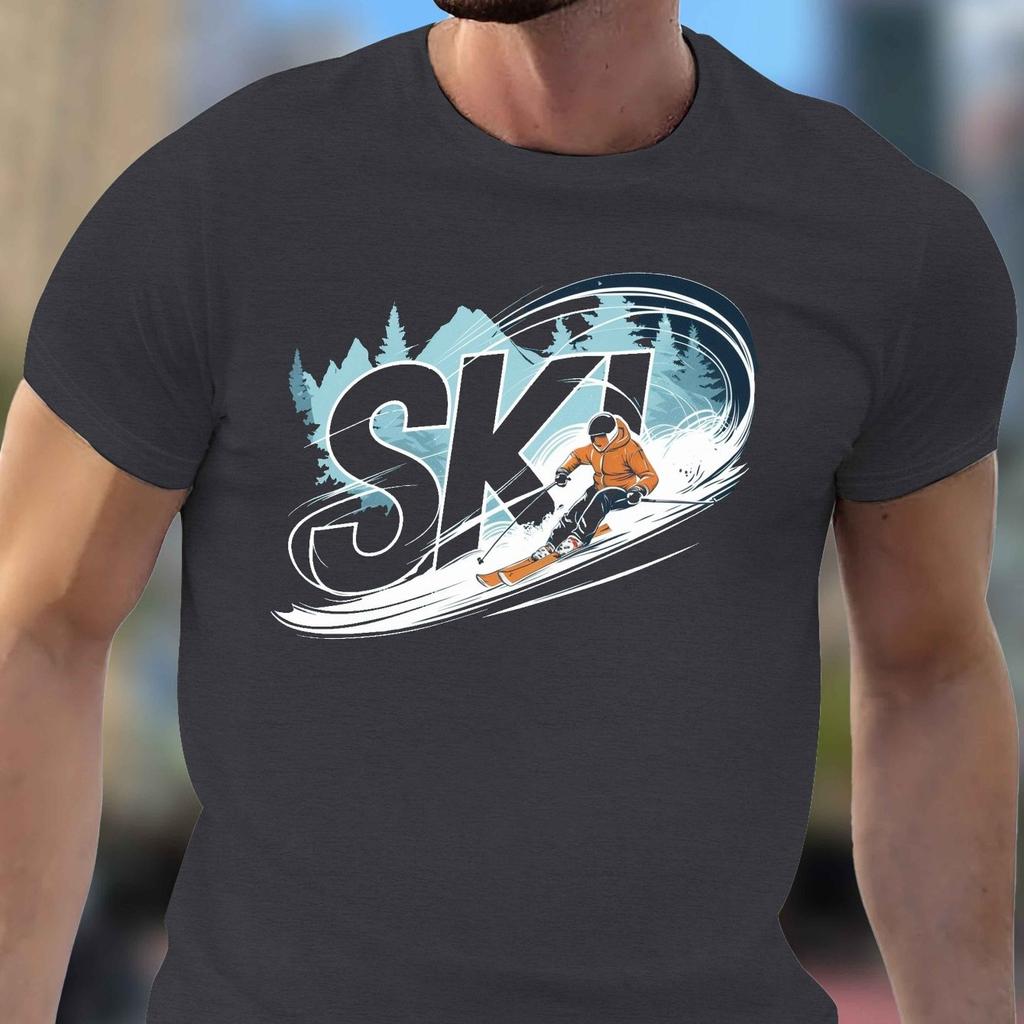 Ski Skier Graphic TShirt Men Casual Cotton Short Sleeve Tee Activewear
