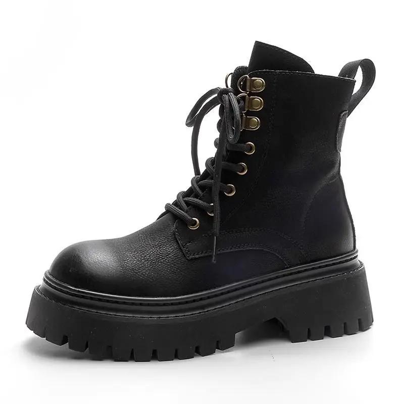 Madingi masyvūs baikerių aulinukai platforminiai moteriški trumpi batai odiniai apvalianosiai moteriški aulinukai 2024 m. pavasario pasiūlymas rudens tendencija naujiena