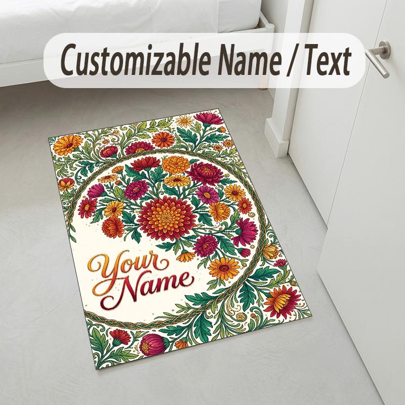 Floral Artwork Theme Soft Crystal Velvet Rug Custom Name & Text Print Non Slip Floor Rug for Bedroom Living Room