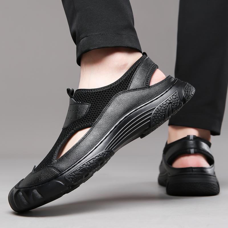 Herren Mesh Sandalen Sommer Neue Mode Pantoletten Outdoor Echtes Leder Rutschfeste Schuhe Strand Slip-On Sandalen Reise Hausschuhe