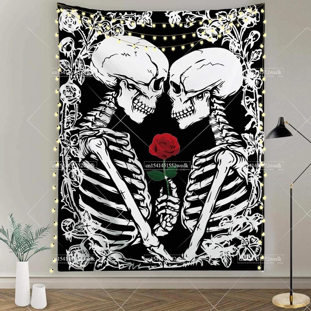 Vintage Der Liebende Wandbehang Wandteppich Skelett Blumen Tarotkarte Wandteppich Astrologie Ästhetik Zimmer Dekorative Party Hintergründe