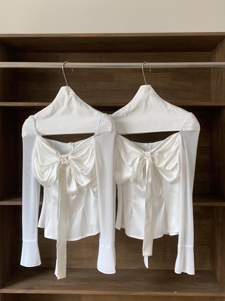 Spring 2026 Women's Slim French Bow Satin Bandeau Chiffon Shirt