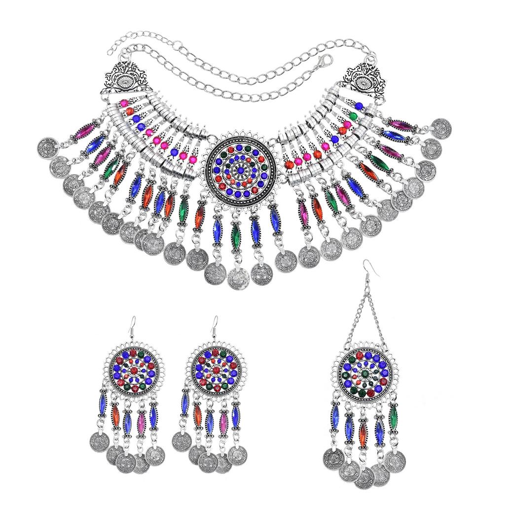 3pcs Indian Afghan Zircon Sets Necklace Earrings Hairbands for Women Boho Ethnic Coins Tassels Colorful Crystal Drop Accessory