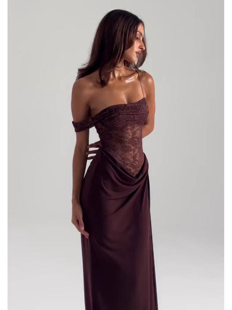 2025 Off-Shoulder Lace Strapless High-Waist Hollow Long Solid Dress