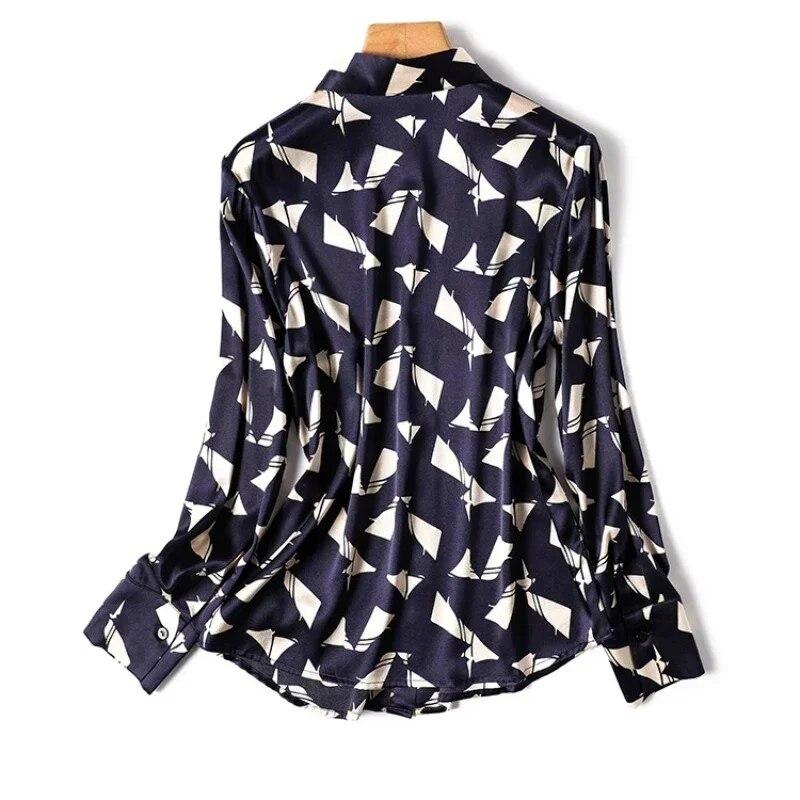 Women Long Sleeve Print Blouse Office Lady Autumn Fashion Turn Down Collar Tops Simple Silk Shirt Button Clothes 29961