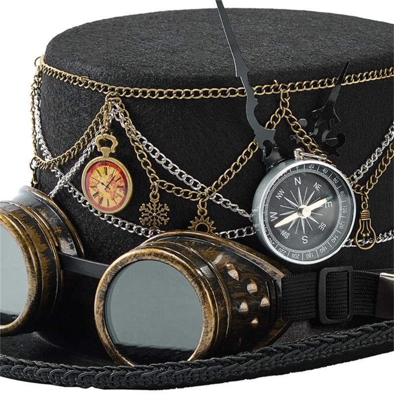 Dark Top Hat Steampunk Goggles Style Top Hat With Metal Chain Gothic Themed Cosplay Costume Accessories