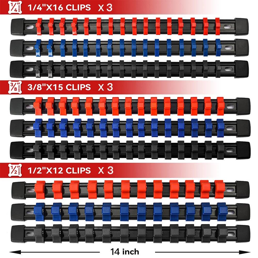 6-teiliges Steckschlüssel-Organizer-Set aus Kunststoff, 1/4, 3/8, 1/2 Zoll Steckschlüsselhalter, Werkzeugaufbewahrungsregal (Steckdosen nicht im Lieferumfang enthalten)