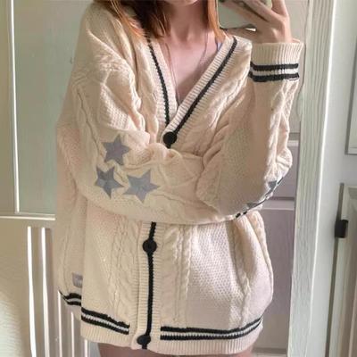 Sonbahar ve Kış Yıldız Nakışlı Örgü Düğmeli Oversize Hırka Tek Düğmeli Süveter Kadın Unisex Hırka