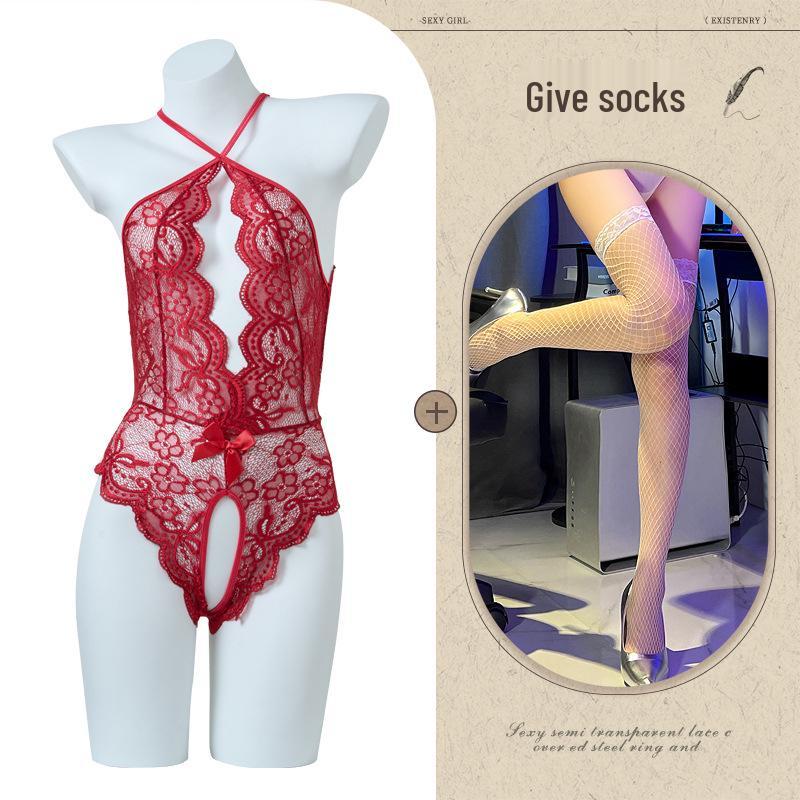 Women's Open Crotch See-Through Lace Bodysuit with Pearl Detail