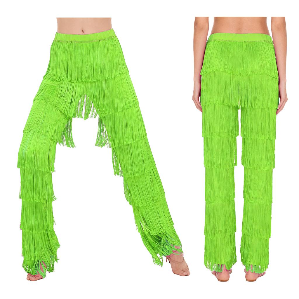 Women's Latin Dance Fringe Pants S-3XL: Elastic Waistband Contrast Color Tassel Trousers for Chacha Tango Rumba Dance Costume