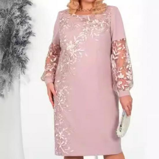 Plus Size Lace Patchwork Print Long Sleeve Dress for Women