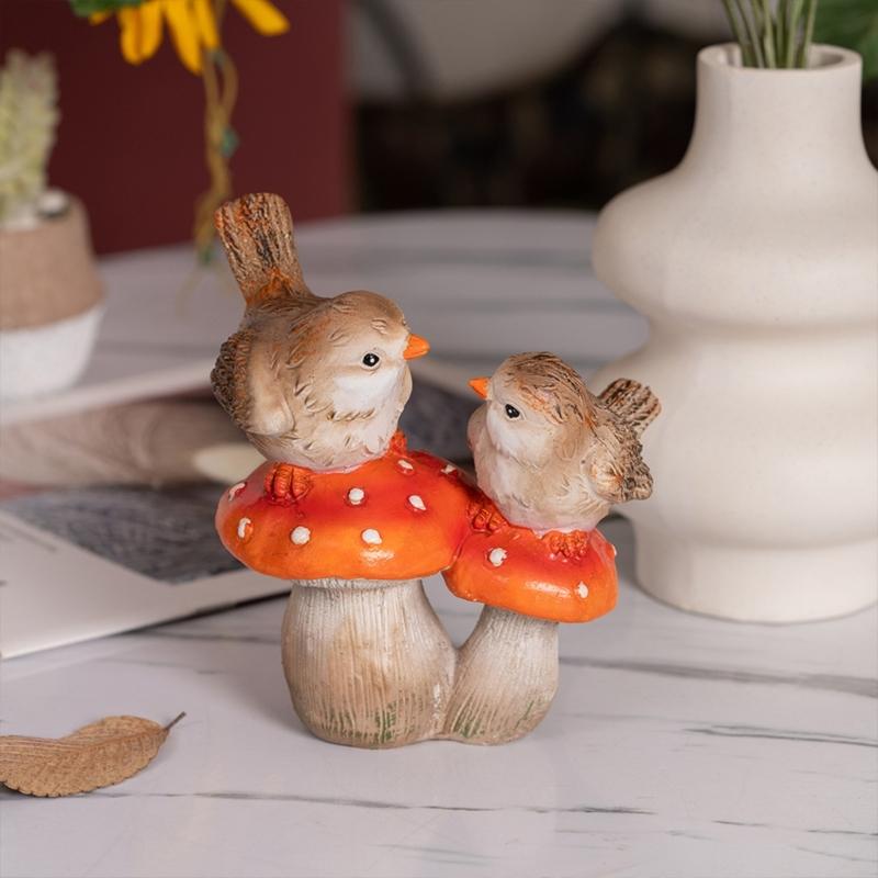 Lovely Birds Perched On Mushroom Statue Resins Figurine Sculpture Garden Landscape Decors for Indoor and Outdoor Space