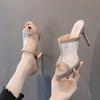 Mesh Slippers Women's Hollow Summer 2025 New Temperament Thin Heel Waterproof Table Fish Mouth Shoes Rhinestone High Heel Sandals