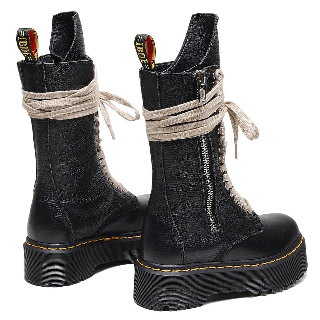 Top layer thick bottom hole locomotive boots women's side zipper lychee pattern long boots leather muffin bottom long tongue