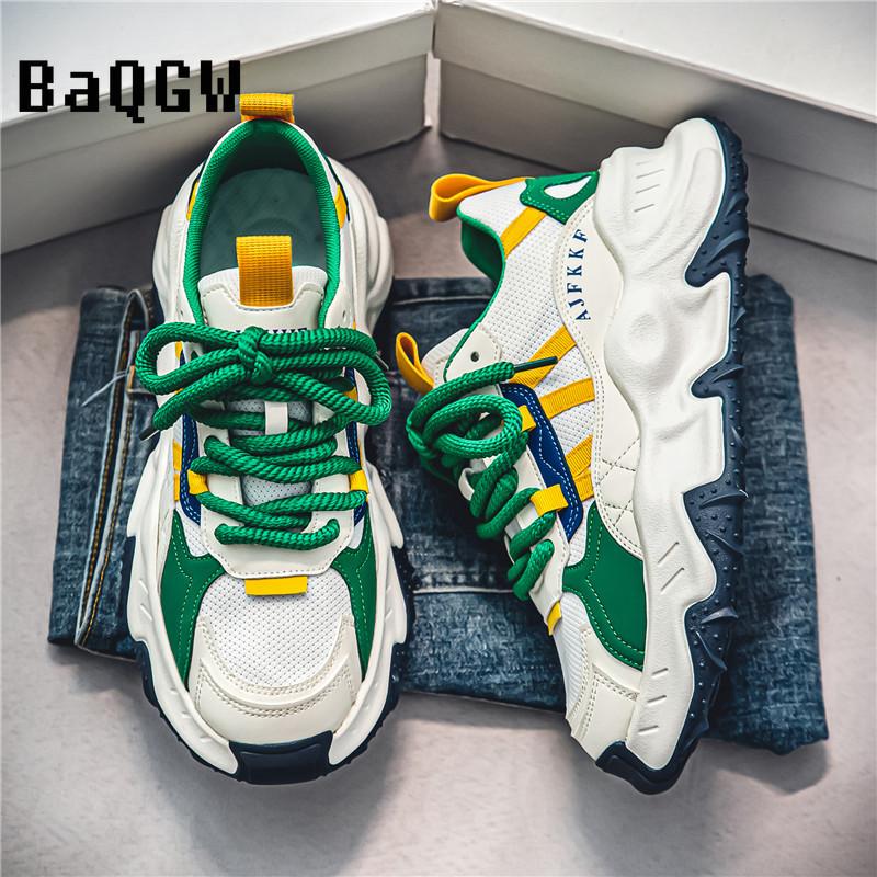 Fashion Chunky Sneakers Men Soft Sole Running Shoes Fashion Casual Leather Color Block Design Breathable Height Increased Platform Shoes