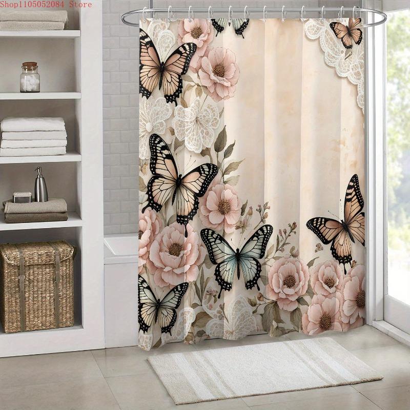 1Pc Printed Shower Curtain Hook Polyester - With Hooks Waterproof Mildew Proof Easy Install Washable