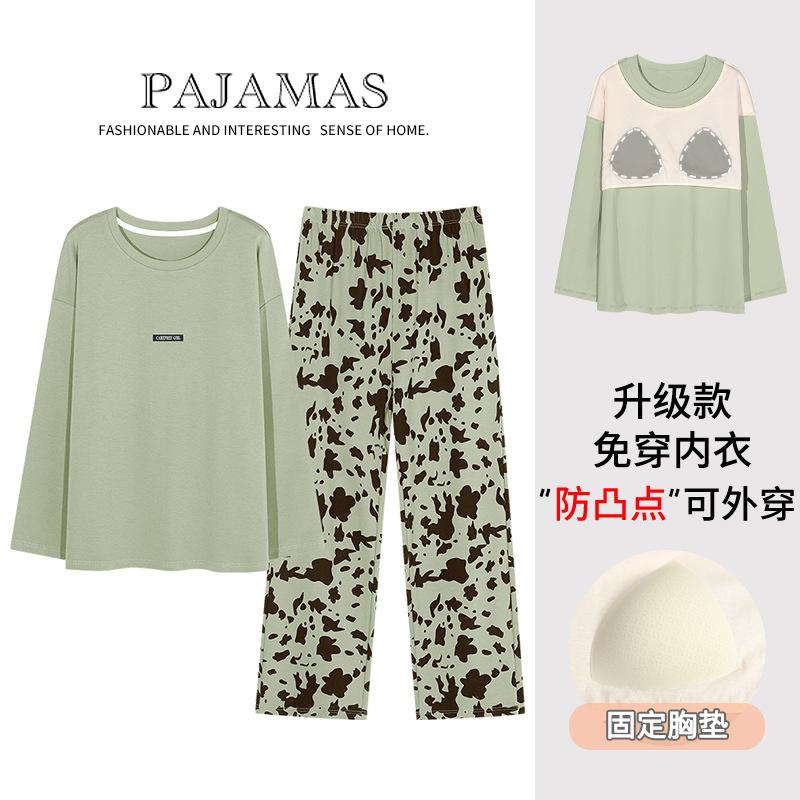 Pyjamas mit integrierten Brustpolstern Reine Baumwolle Langärmelig Damen Freizeit-Loungewear Damenmodelle