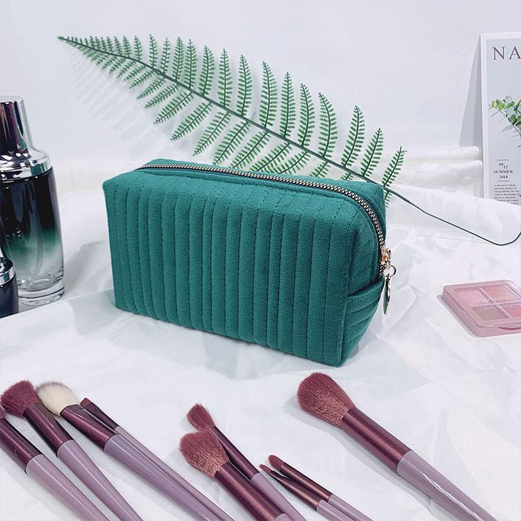 Borsa da Trucco a Strisce in Velluto Peluche con Cerniera per Viaggio e Uso Quotidiano Donna