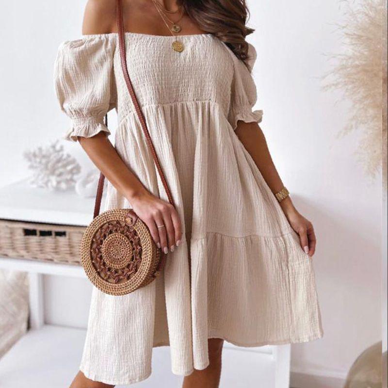 

Fashion Style Summer Women s Clothing Sweet French Style off-Neck High Waist Backless Pure Color Short Sleeve Dress A- line Tube Dress Apricot 2XL
