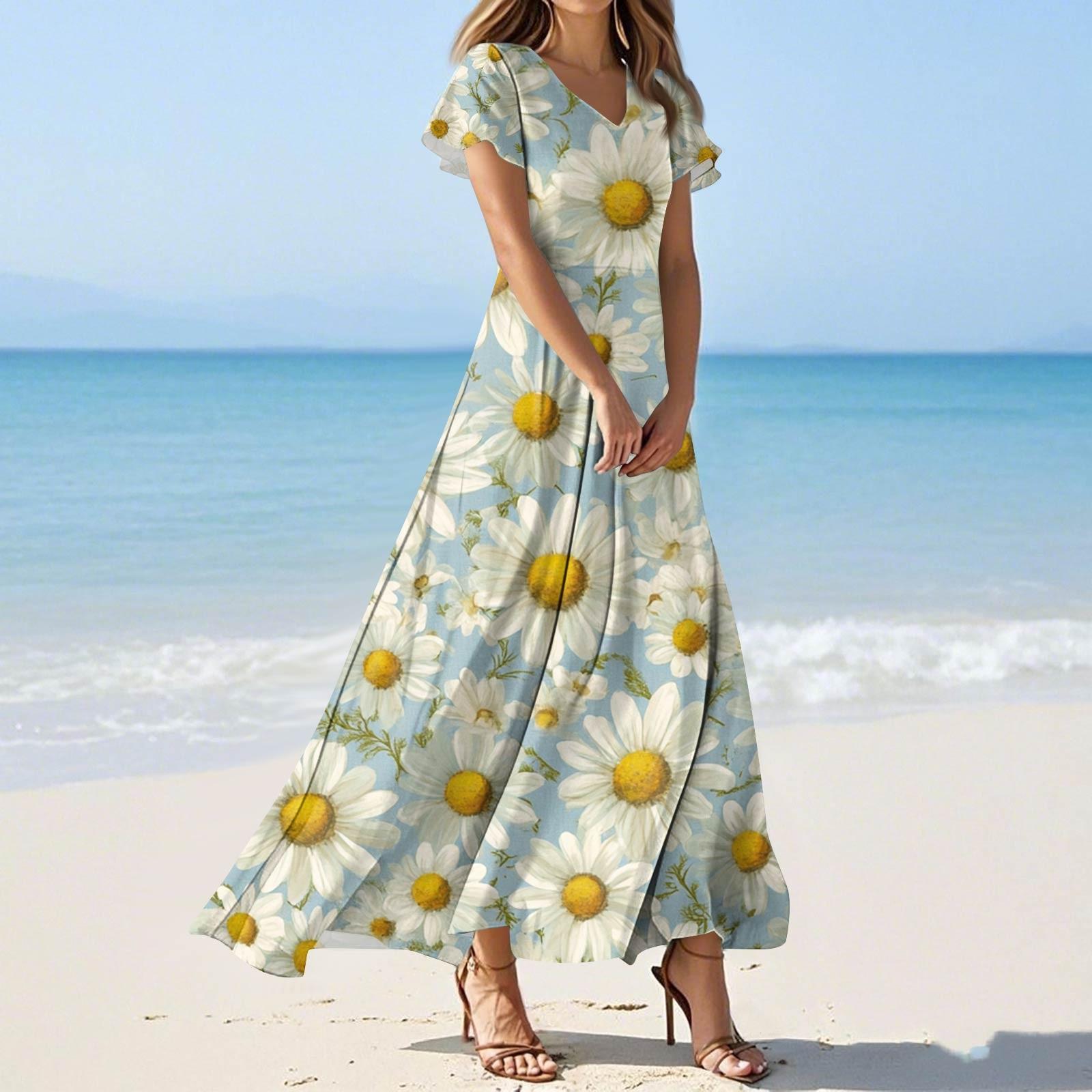 

Women s Summer Casual Fashion Print Color Dresses V-Neck Short Sleeve Dresses L