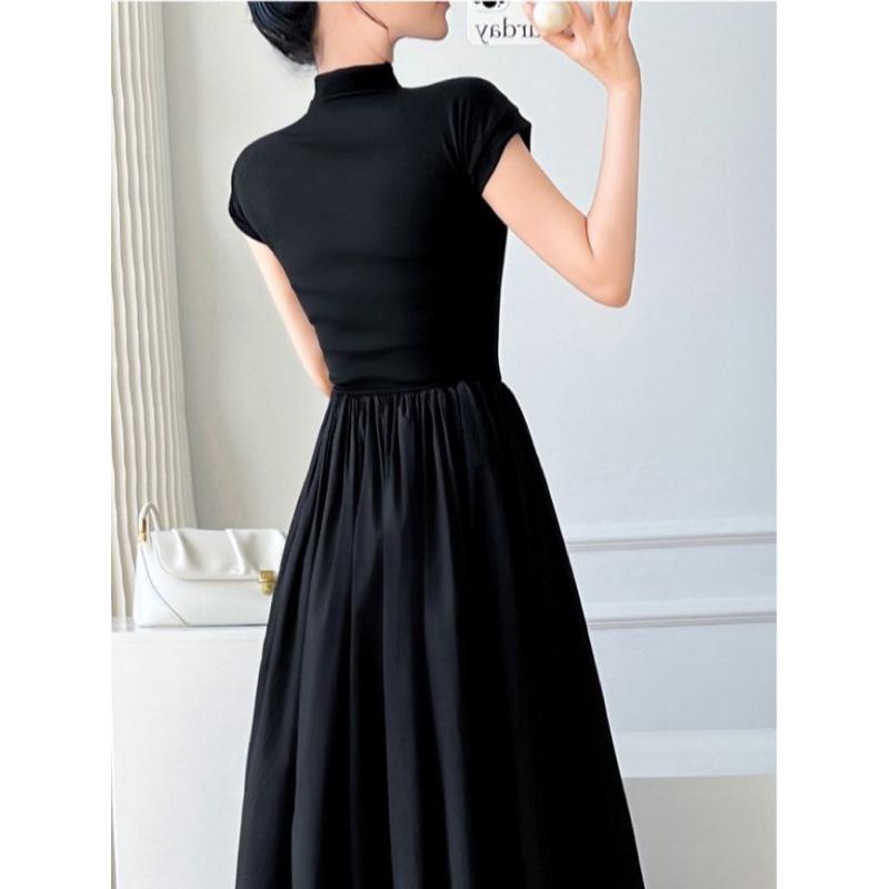French Hepburn Style Black Slim Waist Long Summer Dress for Women