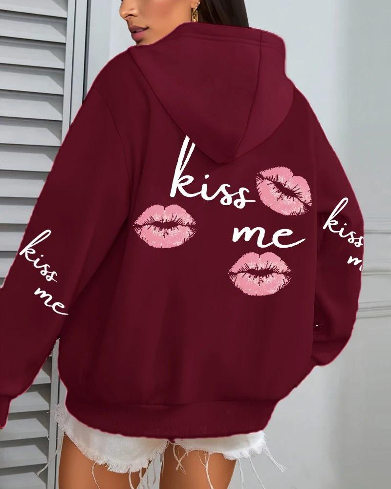 Kiss Me Lip Print Women's Autumn Fleece Hoodie with Pocket