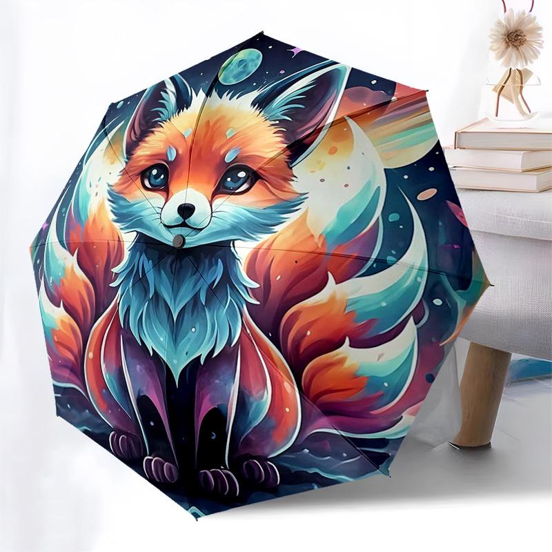 

1pc Galactic Fox Auto-Folding Umbrella: Portable 3-Fold Design with Iron Frame, Perfect for Outdoor Use, Festive Gifts, Travelers, Daily Use, and Fans