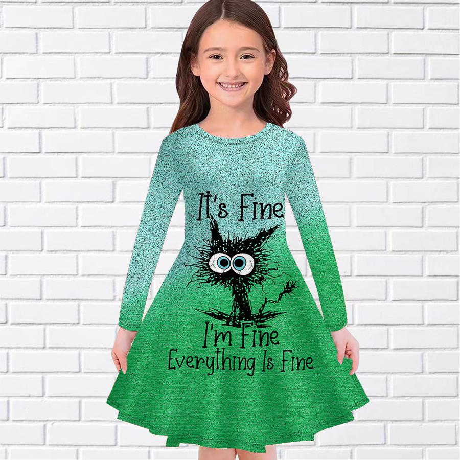 Girl Casual Gradient English Cat Print Round Neck Long Sleeve Dress Kid Princess Dress