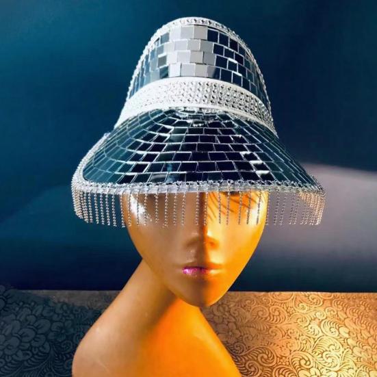 Sun Hat Reflective Mirror Design Summer Anti-UV Hat with Tassels Hiking Traveling Parties Lightweight Breathable