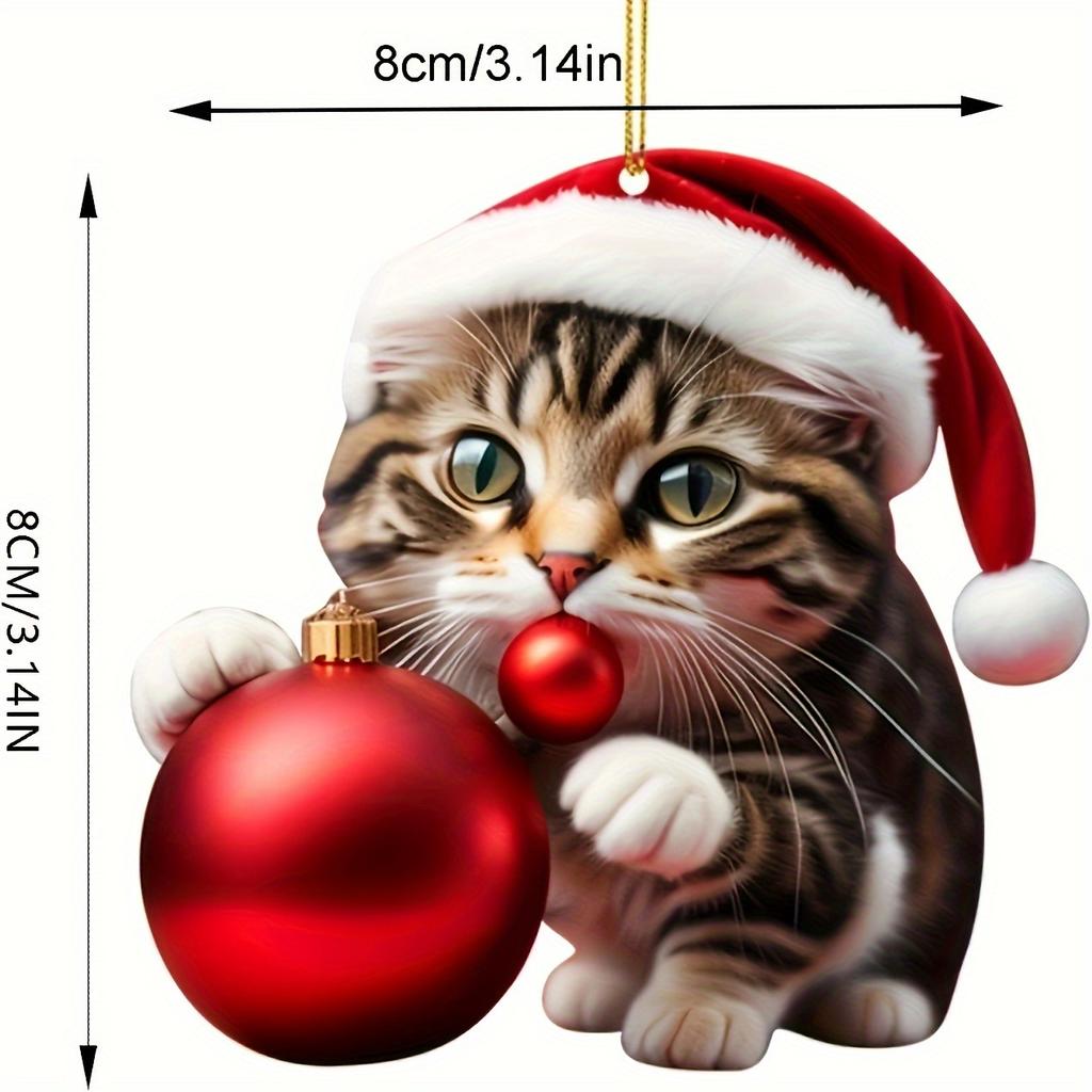 10pcs Christmas Cat Acrylic Ornaments Set,Plastic Santa Hat Kitty Hanging Decorations for Christmas Tree, Car Mirror Keychain, Home and Party Decor