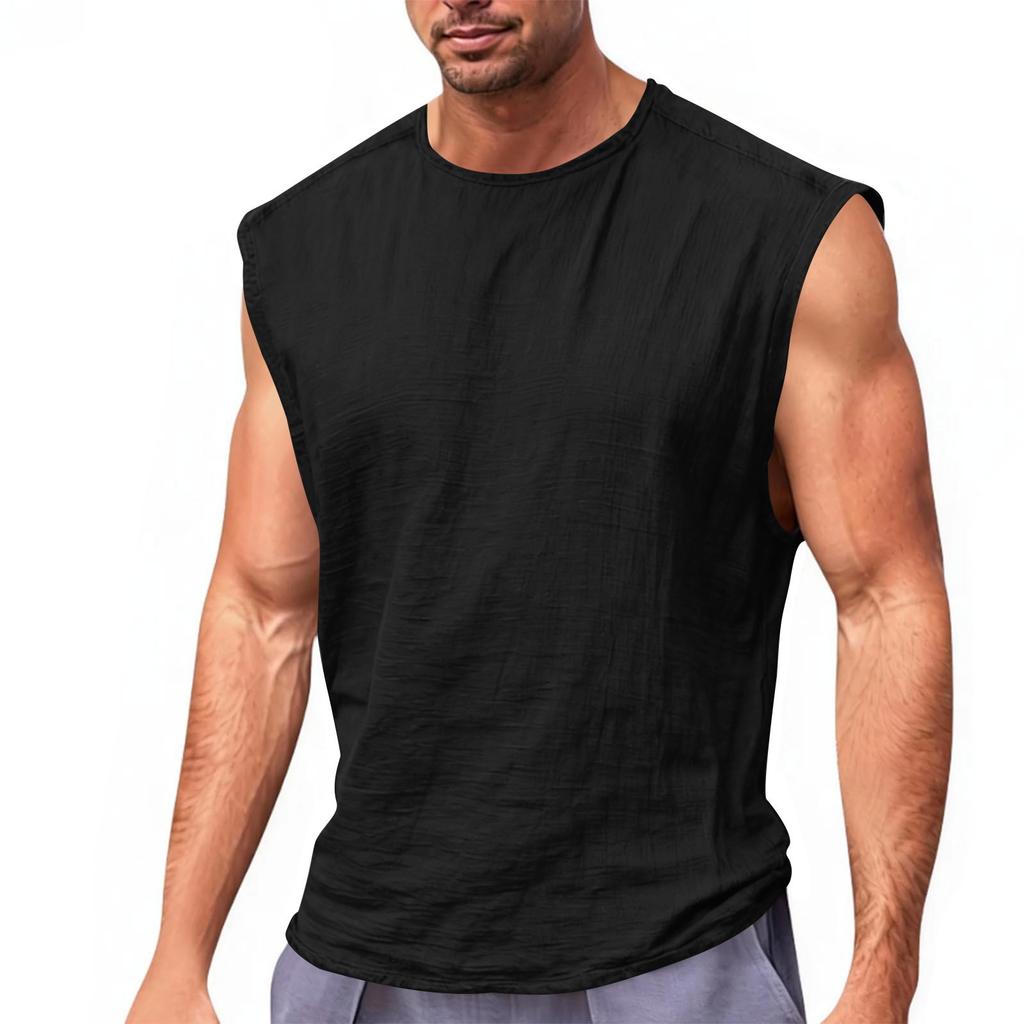 Men's Sleeveless Summer Fitness Running Outdoor Casual Sports Top Cotton-Linen Vest
