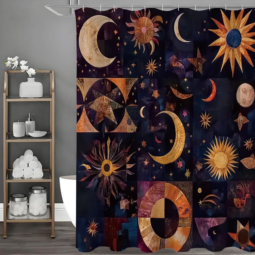 

Sun Moon Geometric Collage Shower Curtain, Bathroom Decorative Shower Curtain, Waterproof Shower Curtain with Hooks 90*180cm