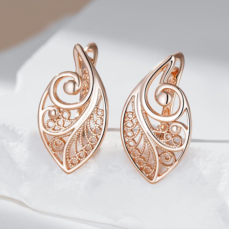 Fashion Glossy  Rose Gold Color Ethnic Bridal Earrings Unusual Hollow Flower Drop Earrings For Women Daily Jewelry