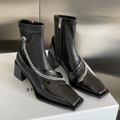 Kozaki na kostkę z łańcuszkiem Damskie Szpilki Kwadratowy nosek Skórzane buty Damskie 2024 Trend Szpilki Zima Gladitor Śnieg Chelsea Botas De Mujer