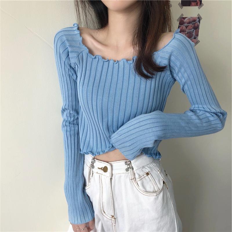 Autumn New Slim Fit Slimming One Shoulder T-shirt for Women Short Knit Sweater, Long Sleeved Top Sweaters