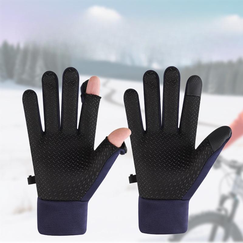 Winter Gloves Men's Plus Velvet Thickened Cycling and Driving Anti slip Touch Screen Leaking Two Fingers Waterproof Windproof Cold Warm Gloves
