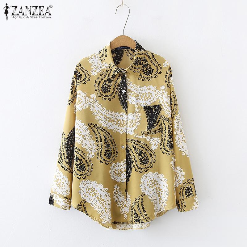 

ZANZEA Женская мода Принт с длинным рукавом Воротник Воротник Блузка Рубашки