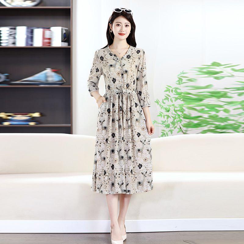 Summer Fashion Floral Print Three-quarter Sleeve Dress for Women Slim Fit Casual Midi Dress
