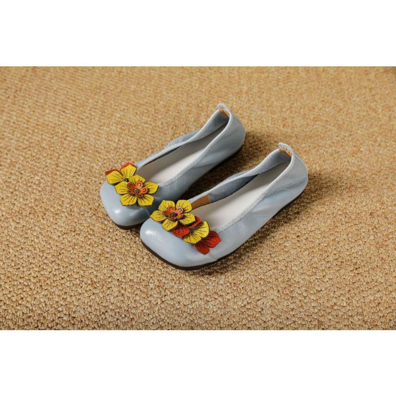 Spring, Summer and Autumn Casual Leather Women's Single Shoes, Flower Light Mouth Round Head Sole Heel Solid Color First Layer Cowhide