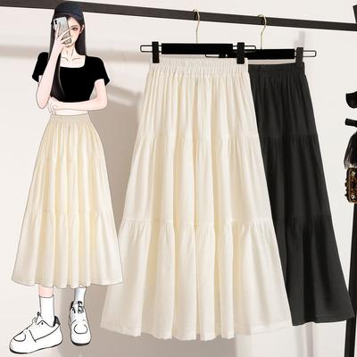 DIMANAF 2025 Plus Size Summer Elastic Long Skirts High Waist Casual Women Loose Skirt Pleated Fashion Vintage Maxi